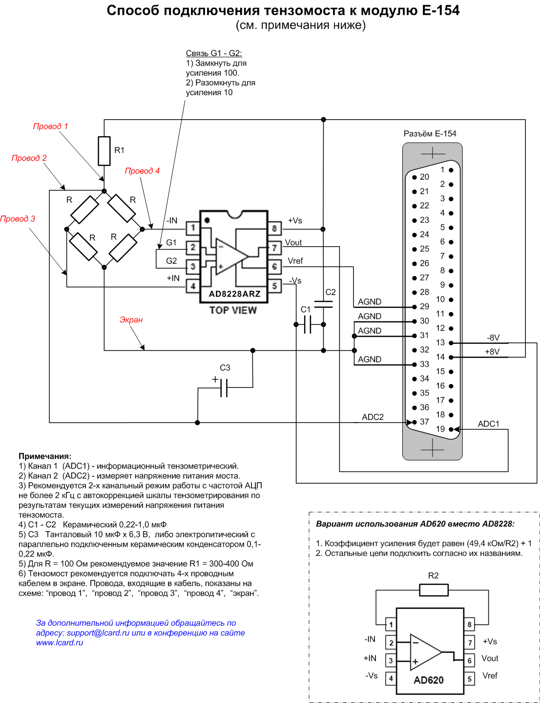 Подключение тензомоста к модулю E-154