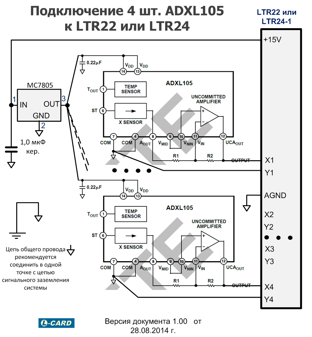 Подключение 4 шт. акселерометров ADXL105 к LTR22 или LTR24